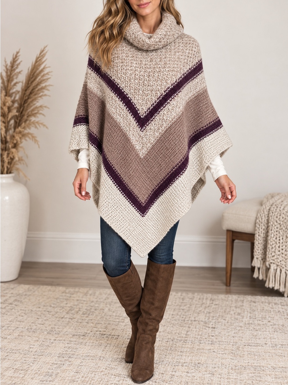 OLD NAVY WOOL BLEND COLORBLOCK COWL NECK KNIT PONCHO | SIZE XS/S